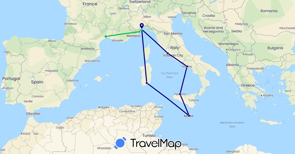 TravelMap itinerary: driving, bus in France, Italy, Malta (Europe)