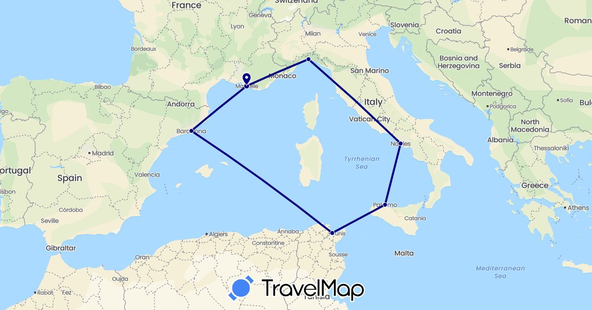 TravelMap itinerary: driving in Spain, France, Italy, Tunisia (Africa, Europe)
