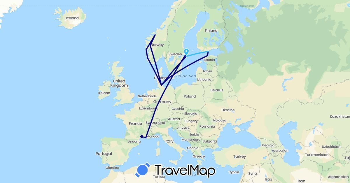 TravelMap itinerary: driving, boat in Germany, Denmark, Estonia, Finland, France, Norway, Sweden (Europe)